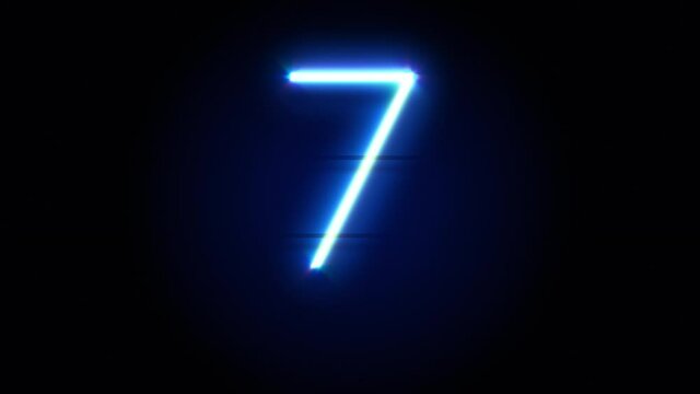 Neon number 7 appear in center and disappear after some time. Animated blue neon alphabet symbol on black background. Looped animation.
