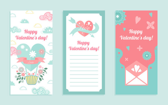 Happy Valentine day greeting card vector illustration set. Cartoon cute collection with loving heart, pink love paper letter for lovers, flying hearted shape balloon with romantic flowers background