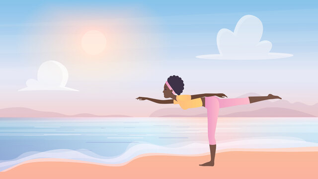 Yoga asana sport activity in nature beach landscape vector illustration. Cartoon yogist female character doing warrior pose virabhadrasana, woman in sportswear exercising, practicing yoga background