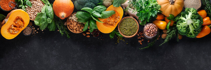 Healthy food from vegetables, cereals high in protein. Broccoli, pumpkin,.chickpeas, pistachios,...