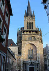 Aachen / Germany - December 28, 2019: The Aachen Cathedral is a Roman Catholic church and the see of the  Diocese of Aachen. It was constructed by order of the emperor Charlemagne.