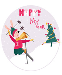 New Year or Christmas greetings card with skiing rabbit. Happy New Year phrase, fun Christmas Tree for decorative poster. Skier Hare in sweater and hat.