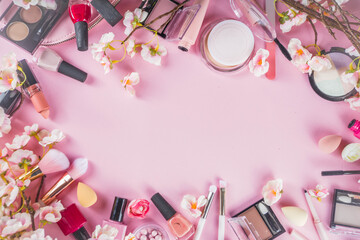 Makeup products with spring flowers