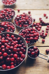 Ripe organic cranberry on rustic wooden table
