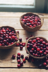 Ripe organic cranberry on rustic wooden table
