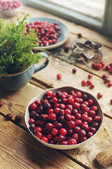 Ripe organic cranberry on rustic wooden table