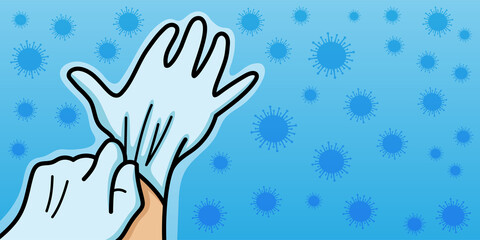 Hands in protective gloves and viruses around on a blue background.