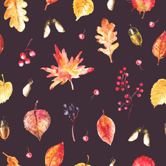 Obraz na płótnie Canvas Watercolor seamless pattern with hand drawn autumn nature leaves, acorns, berries