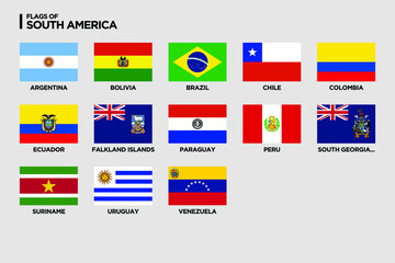 Vector flags of South America with country names. Vector illustration on grey background