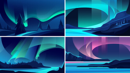Illustrations of aurora borealis. Beautiful nature landscapes. - obrazy, fototapety, plakaty