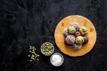 Energy protein balls with ingredients, top view