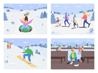 Winter fun activities flat color vector illustration set. Riding on inflatable ring. Mountain family skiing and snowboarding. Ice skating 2D cartoon characters with winter on background collection