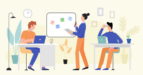 Business people work in office vector illustration. Cartoon busy businessman and businesswoman team of characters working together in modern office workplace interior, company teamwork background