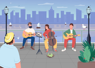 Music band in city flat color vector illustration. Live performance outdoors. Entertainment in town. Urban landscape. Classical musicians 2D cartoon characters with cityscape on background
