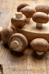 Top view of portobello mushrooms on rustic wooden table, with selective focus and backlight, in vertical