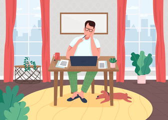 Writer at laptop flat color vector illustration. Freelancer in home office. Editor work process on computer. Blogger writes. Novelist 2D cartoon characters with house interior on background
