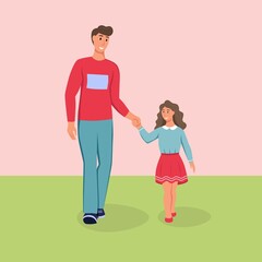 Father and daughter walking down the street. Dad and child in spring clothes. Flat cartoon vector illustration.