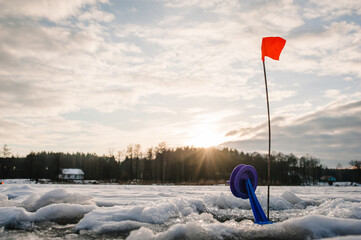 Just caught pike by tip - up tackle. In the ice hole set tackle with a flag. Winter fishing on the...