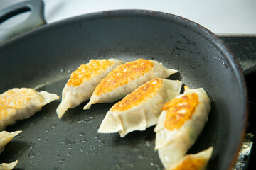 Cooking delicious original Japanese meat Gyozas.