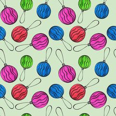 Seamless watercolor pattern with multicolored Christmas decorations on a green background.