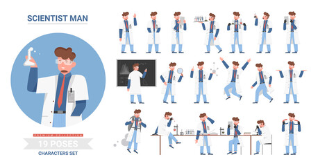 Fototapeta na wymiar Scientist man poses vector illustration set. Cartoon male character working in scientific research laboratory, holding lab flask tube, model of atom, science work posture collection isolated on white