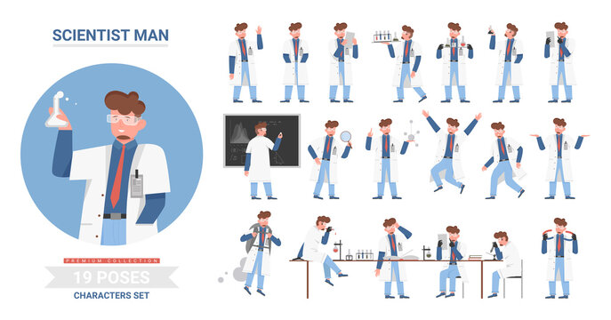 Scientist man poses vector illustration set. Cartoon male character working in scientific research laboratory, holding lab flask tube, model of atom, science work posture collection isolated on white