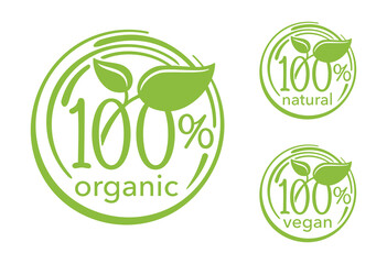 100 percents signs - natural, organic, vegan icons - badge for hundred percent healthy food, vegetarian nutrition in leaf shape - vector sticker set