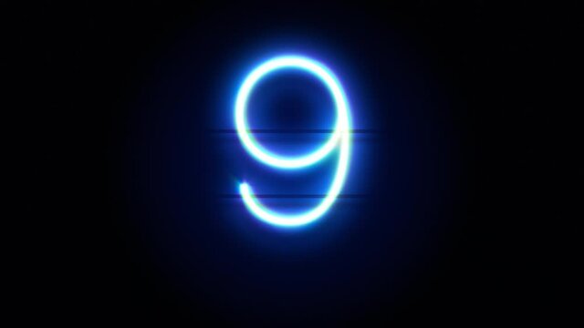 Neon number 9 appear in center and disappear after some time. Animated blue neon alphabet symbol on black background. Looped animation.