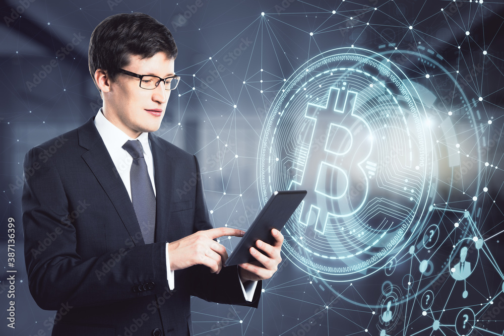 Poster Man working with digital tablet and bitcoin symbol on background, cryptocurrency concept