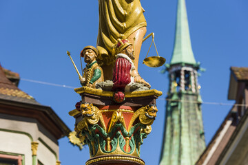 Fototapeta na wymiar Justice fountain in the old town of Solothurn, Switzerland