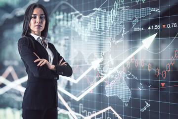 Business woman standing on a financial chart with up arrows background, double exposure, global business concept