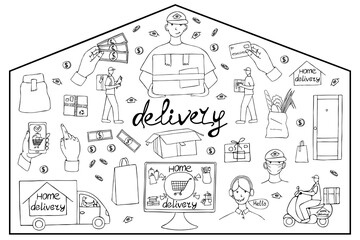 Set  hand drawn vector isolated elements. Home delivery. Online shopping. Contactless delivery