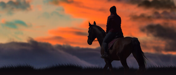 a girl on a horse in the field at the sunset.