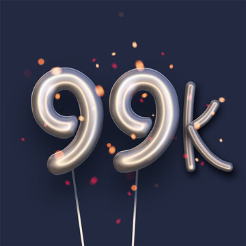 Silver balloon 99k sign on dark blue background.