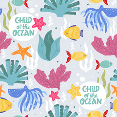 Underwater world! Seamless pattern. Underwater sea world dwellers, flora and fauna elements. Fairytale kid textile, wrapping paper, background. Vector cartoon illustration.