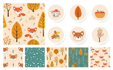 Fototapeta na wymiar A set of seamless patterns and icons.Vector illustration of a cute Fox and an autumn forest.