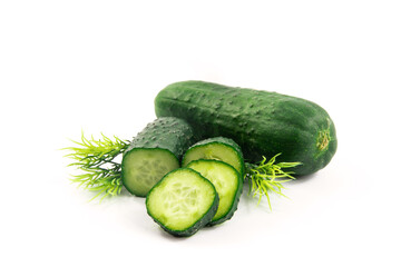 Beautiful composition of cucumber and its pieces on a white isolated background