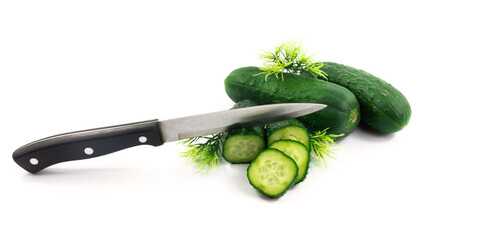 Slicing cucumber photo banner with knife on white isolated background