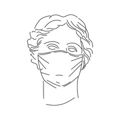 Head of a woman in a medical mask. Line contour drawing on a white background. Covid Prevention Concept - 19 or Coronavirus 2019 -nCov. Vector illustration
