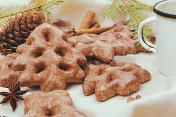 Ginger cookies, some spices and fir tree branch on the tablecloth.