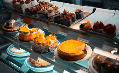 different cakes on the tray inside bakery shop in orange and teal tone