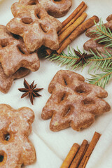 Ginger cookies, some spices and fir tree branch on the tablecloth.