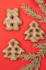 Fototapeta na wymiar Ginger cookies and fir tree branch on a red background.