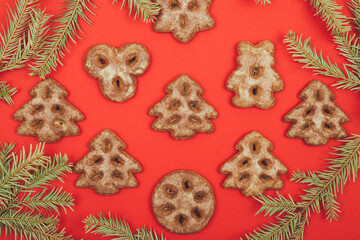 Ginger cookies and fir tree branch on a red background.