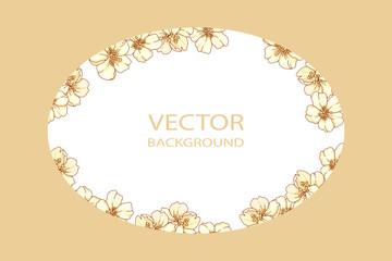 Oval, white floral frame of pear flowers, golden ocher background. Registration of wedding invitations, congratulations, cards.
