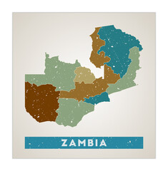 Zambia map. Country poster with regions. Old grunge texture. Shape of Zambia with country name. Superb vector illustration.