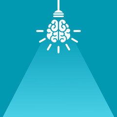 Bulb with brain and rays on nlue background. New idea, intellect sign.