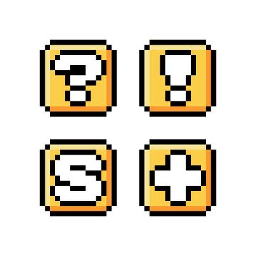 Pixel art 8-bit golden boxes set. Question mark, exclamation mark, letter S and plus sign icons - editable vector illustration
