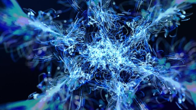 Abstract bg like winter frost pattern in 3d space. Particles form branches like frost patterns or snowflakes. Christmas background, spreading frost like a window freezes but in 3d.