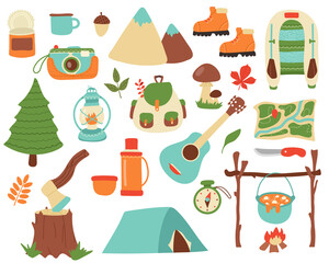 vector elements of camping. tools for outdoor activities and tourism in flat style.hand drawn objects for forest adventures. isolated on white background.